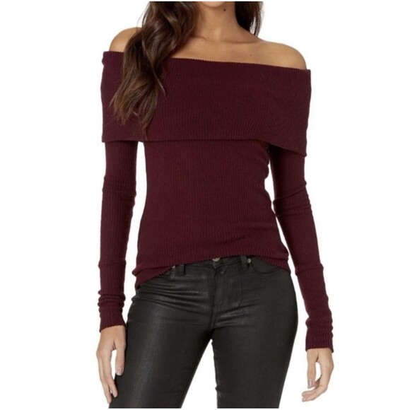Free People We The Free Sweater Women's Sz XS Burgundy Off Shoulder Ribbed Boho - Picture 1 of 11